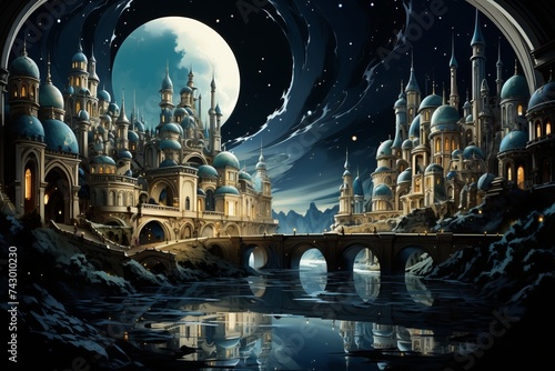 a castle with a bridge over a river at night with a full moon in the background