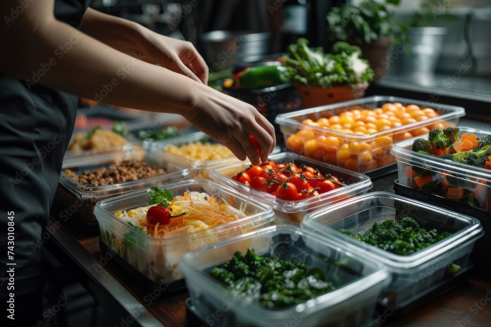 a person preparing six plastic containers of food on a table, close up,nice hand,in the style of dark green and dark black, vof,use of screen tones, environmentally inspired, dynamic and action-packed