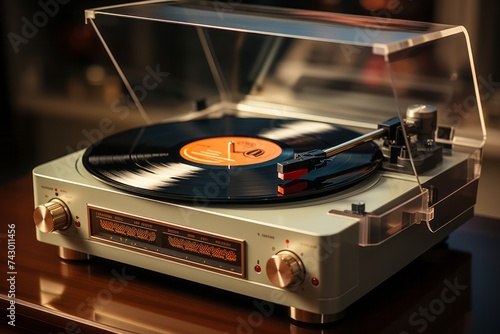 A record player is spinning a record on a wooden table