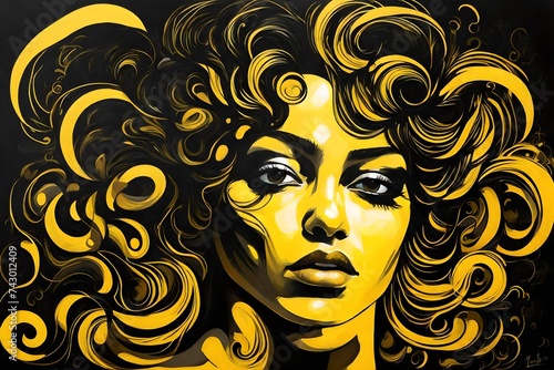 a black and yellow painting of a woman's face with swirly hair © Naila