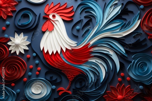 Rooster symbol France. Close-up of a rooster in the color of the French flag. Paper Rooster. Paper art. Paper Crafts photo