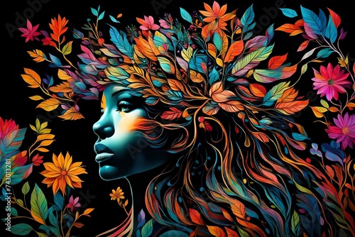 Vibrant colorful Tree Goddess, Flower Woman silhouette on clear black background
