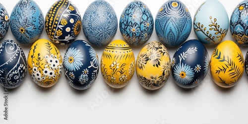 Easter eggs ukrainian pysanka. Hand painted eggs in blue and yellow colors. Top view banner, background with copy space © alstanova@gmail.com