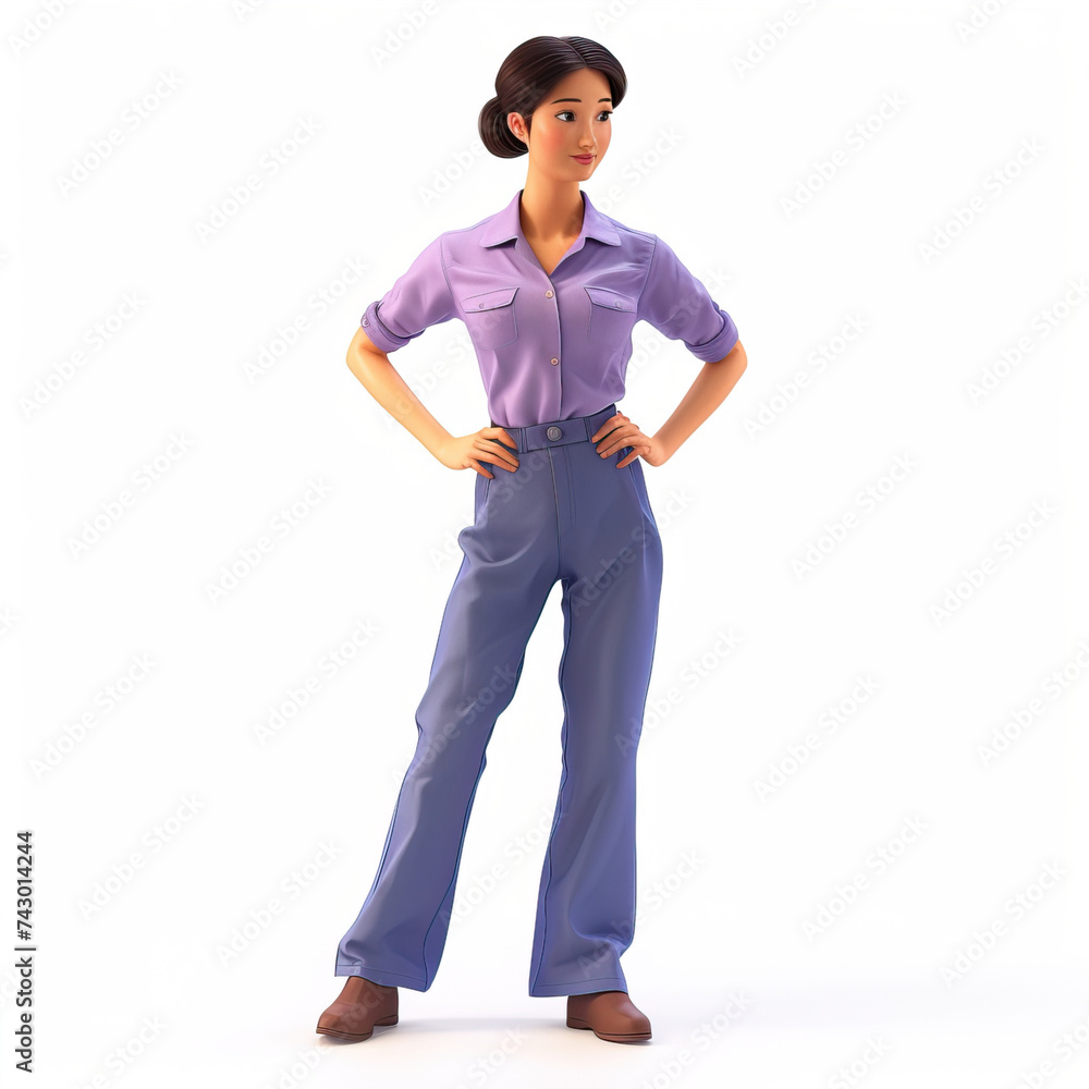 Fototapeta premium Girl in a purple blouse and jeans on a light background 