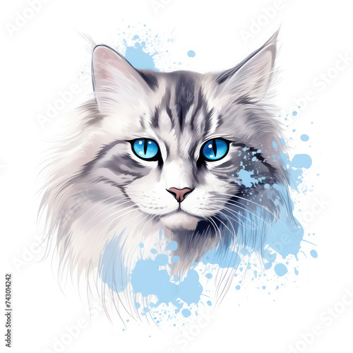 Digital illustration of a fluffy cat with mesmerizing blue eyes enhanced by artistic splashes
