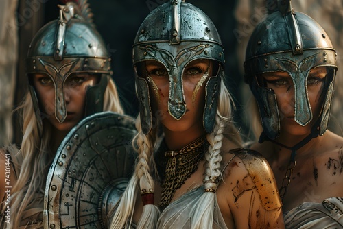 Strong female warriors in helmets prepare for battle in ancient setting. Concept Ancient Warriors, Strong Females, Battle Helmets, Historic Setting, Preparing for Battle
