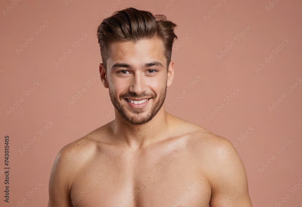 A happy bare-chested man with styled hair and a beard, smiling against a peach background.