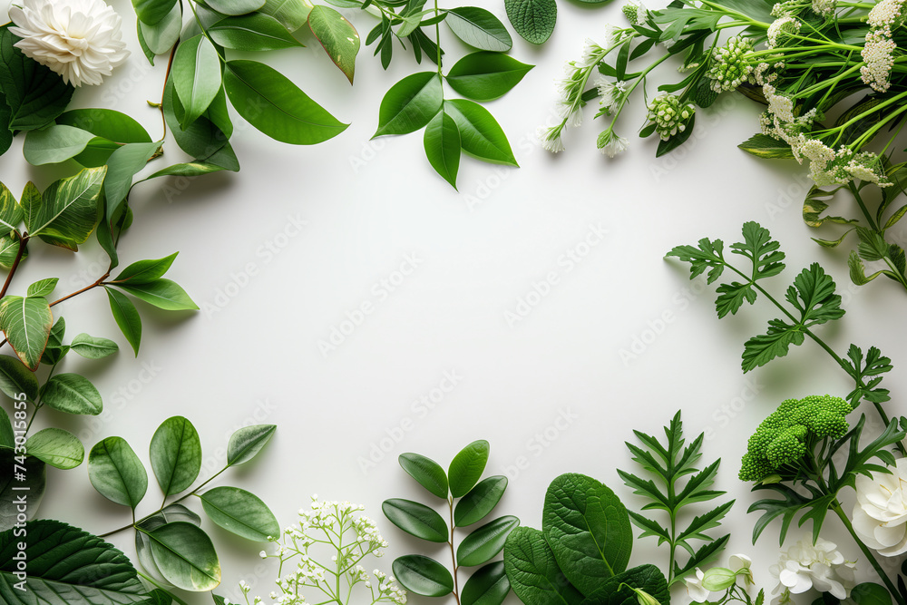 green leaves frame on white paper background with free space at center green leaves frame on white paper background with free space at center