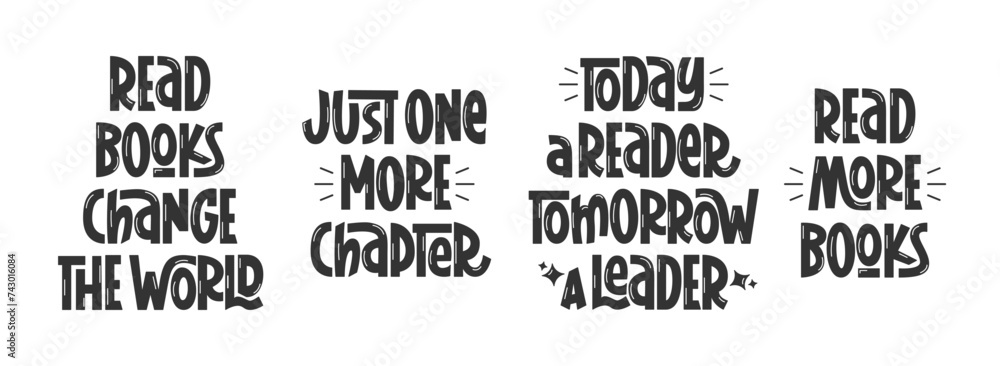 Read Books Quotes Set. Educational Inspirational Phrases. Vector Hand Lettering with Motivation for Reading. Readers Slogans.