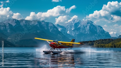 Alaskan Float plane aircraft at rest in lake with forest behind photo