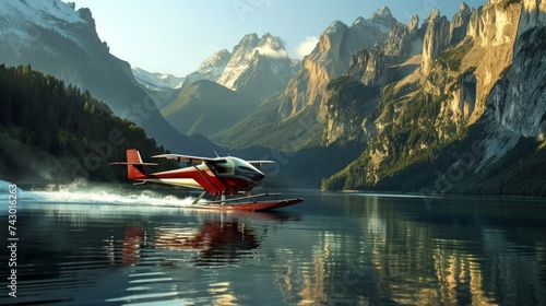 Alaskan Float plane aircraft at rest in lake with forest behind