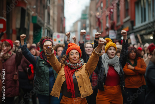 International Women's Day. Women protesting with their fists raised in defense of their rights on March 8.