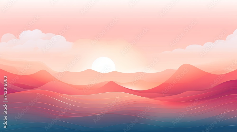 Digital art of a tranquil sunset with vibrant red and blue gradient mountains under a soft cloud sky.