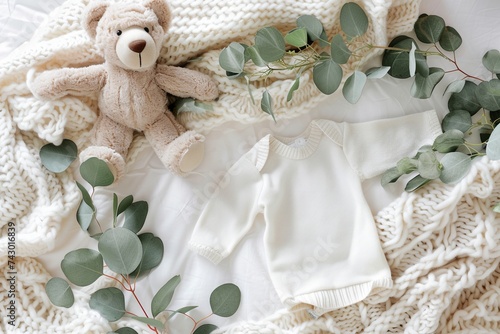 Cozy baby clothing setup with a clean white onesie in the center ,accompanied by a soft teddy bear