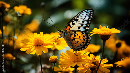 Lovely butterfly eating on a yellow flower.