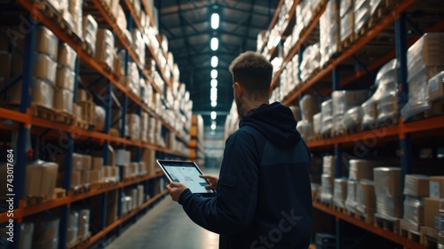 A warehouse employee in a high visibility vest uses a digital tablet to manage inventory in a large distribution center. AIG41