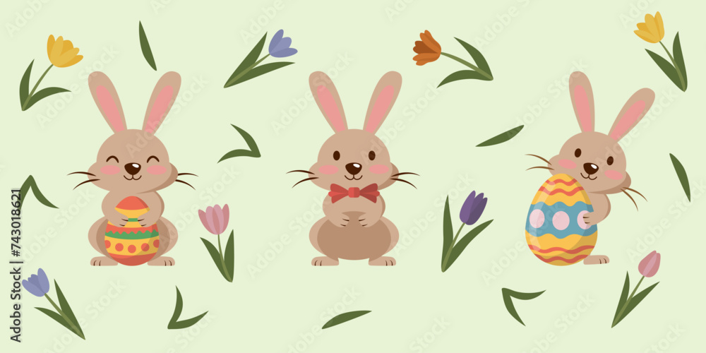 Set of cute Easter bunnies with tulips. Set of cute Easter bunnies with tulips.