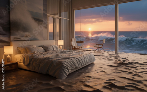 Hotel room at the evening with bed and windows with the ocean view