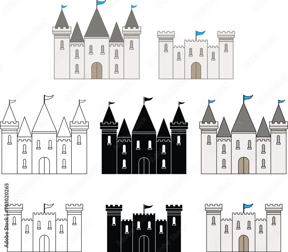 Fantasy Medieval Castle Clipart Set - Outline, Silhouette & Color