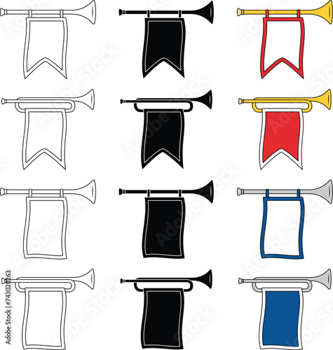 Trumpet with Banner Signage Clipart Set - Outline, Silhouette & Color