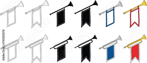 Angled Ceremonial Trumpet with Banner Signage Clipart Set - Outline, Silhouette & Color
