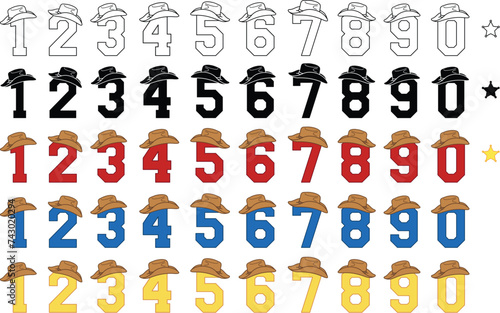 Cowboy Hat Number Clipart Set - Outline, Silhouette & Color