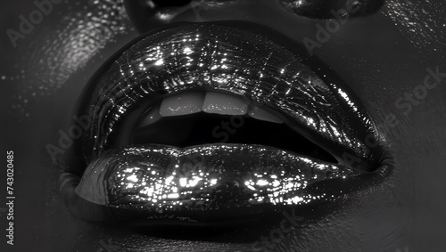 Close-up of glossy lips in black and white, revealing the dichotomy between joy and the melancholy of depression