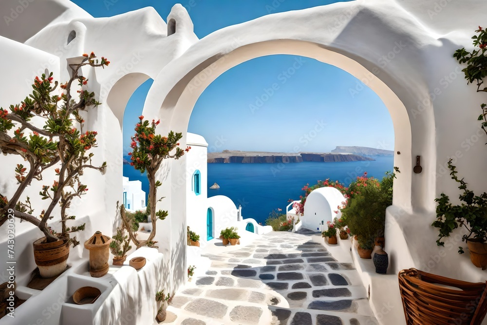 view of arched gate with a view to the sea beach living Santorini island style - obrazy, fototapety, plakaty 