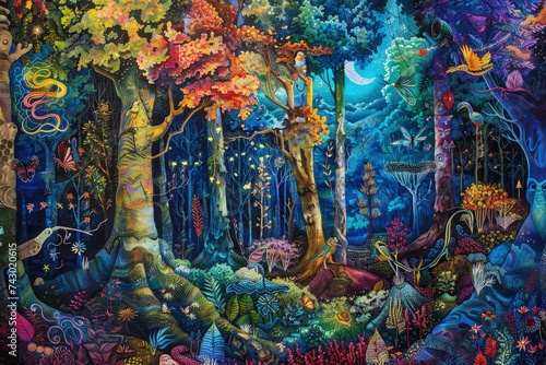 Captivating imagery of mythical tree spirits and guardians, safeguarding Earth's lush forests for a sustainable future. Abstracted landscapes in vibrant hues