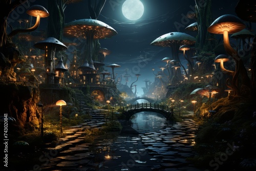 a mushroom village with a bridge over a river at night with a full moon in the background © yuchen