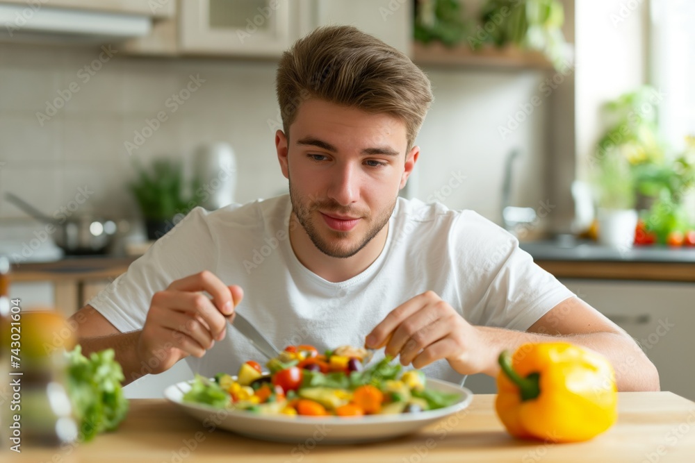 Man Eating Fresh Vegetable Salad at Home Man Eating Fresh Vegetable Salad at Home