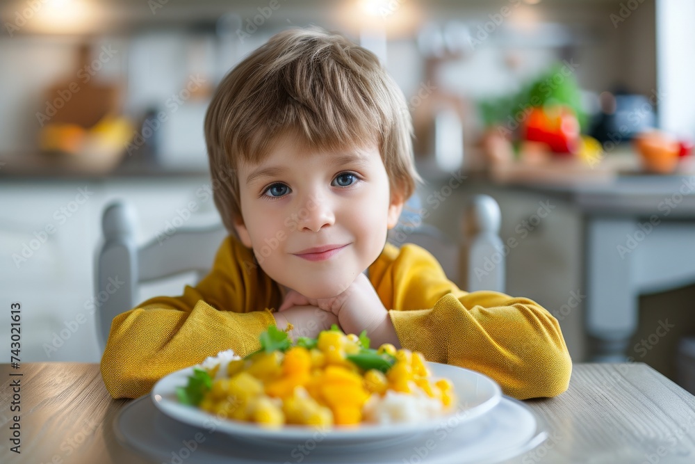 Cute Child with Corn Plate Ready for Meal