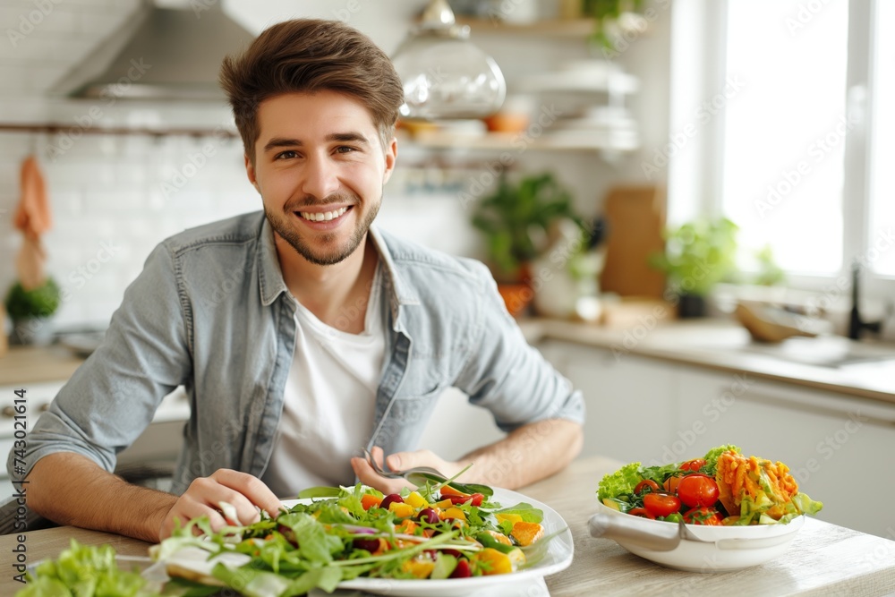 Joyful Man with Healthy Salad in Kitchen