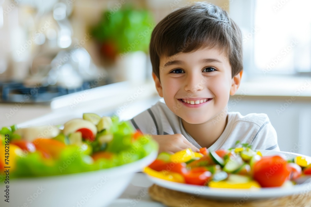 Cheerful Boy with Bowl of Fresh Salad Cheerful Boy with Bowl of Fresh Salad