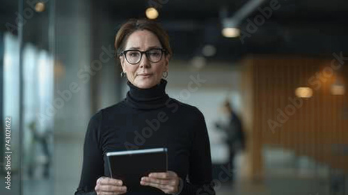 A poised individual in a turtleneck stands in an office hallway holding a tablet, looking confident and professional.