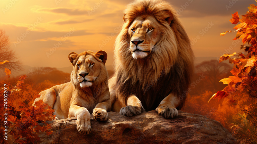 Majestic African lion couple loving pride. - obrazy, fototapety, plakaty 