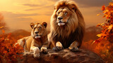 Majestic African lion couple loving pride.