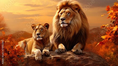Majestic African lion couple loving pride. photo