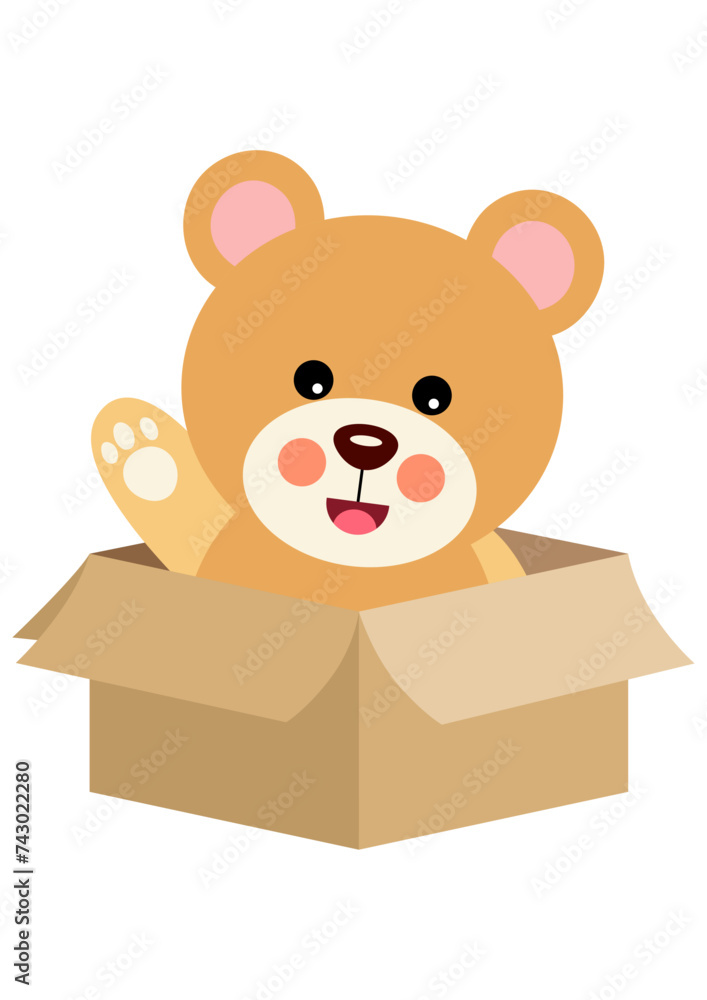 Fototapeta premium Cute teddy bear waving inside cardboard box