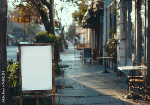 a blank white board on the sidewalk outside of a restaurant Generative AI