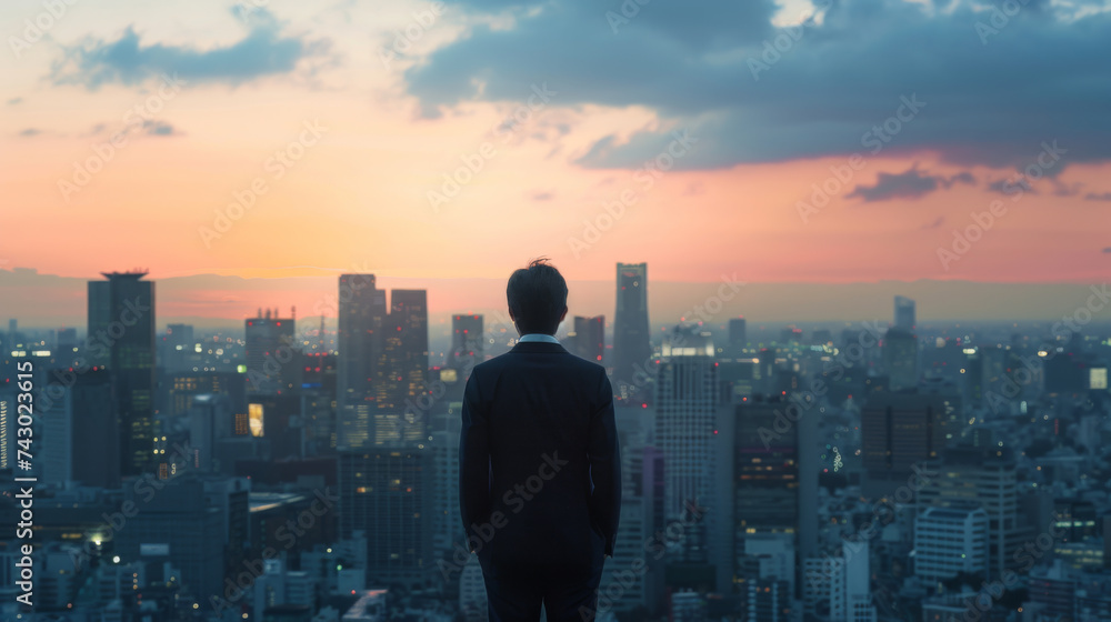 A man in a suit stands with his back to the camera, overlooking a vibrant city skyline at dusk. A man in a suit stands with his back to the camera, overlooking a vibrant city skyline at dusk.