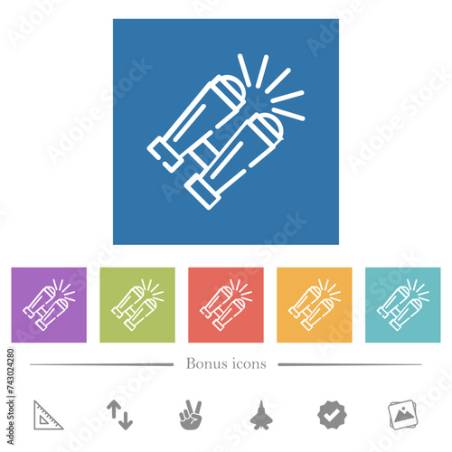 Binoculars outline flat white icons in square backgrounds