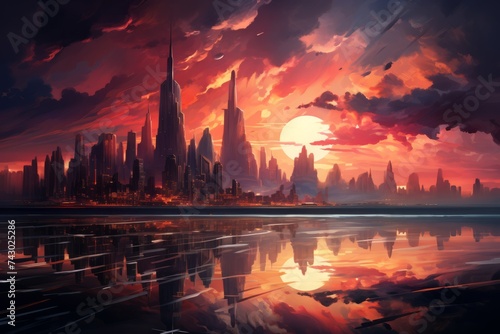 a painting of a city at sunset with a reflection in the water