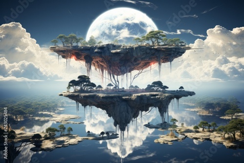 a floating island with trees and a full moon in the background