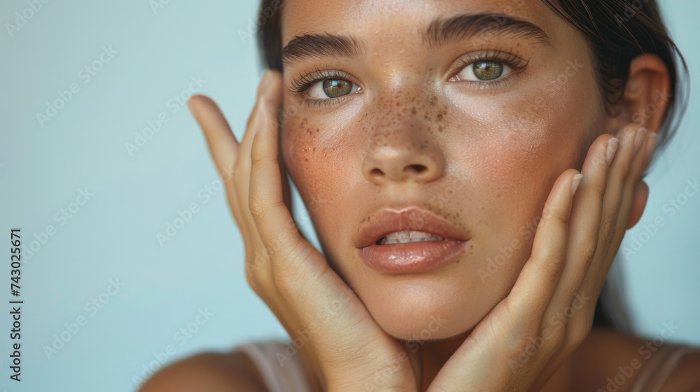 close-up portrait of a young woman with freckles on her face, touching her cheeks with her hands. close-up portrait of a young woman with freckles on her face, touching her cheeks with her hands.