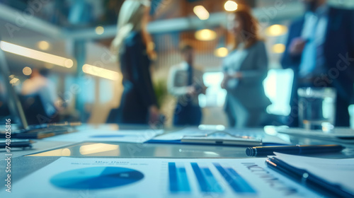 Wallpaper Mural close-up view of a business report with charts and a pen in the foreground, and the blurred silhouettes of businesspeople in the background. Torontodigital.ca