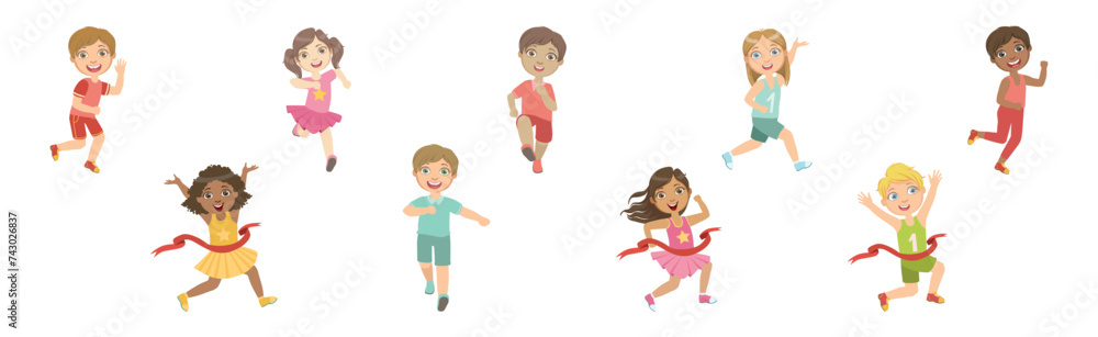 Kids Running Marathon Participate in Sport Competition Vector Set Kids Running Marathon Participate in Sport Competition Vector Set