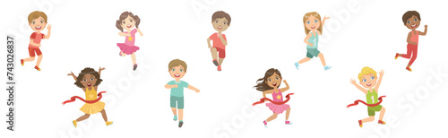 Kids Running Marathon Participate in Sport Competition Vector Set