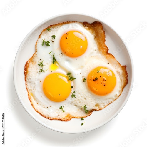 Three fried eggs in a white ceramic plate garnished with herbs, top view