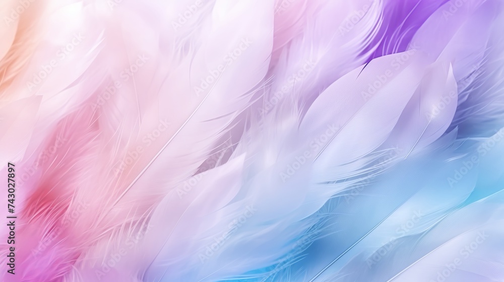 Abstract feather rainbow patchwork background. Closeup image of white fluffy feather under colorful pastel neon foggy mist.